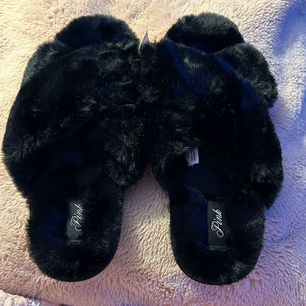 PINK Victoria's Secret Plush Black Slippers